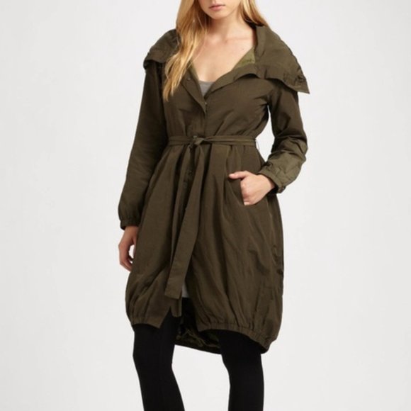 Eileen Fisher Bubble Hem Funnel Neck Belted Trench Coat Jacket Olive Size XS - Picture 1 of 13